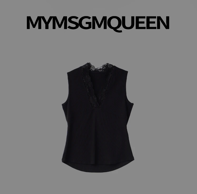 “坠入蕾丝”V领设计感拼接无袖上衣