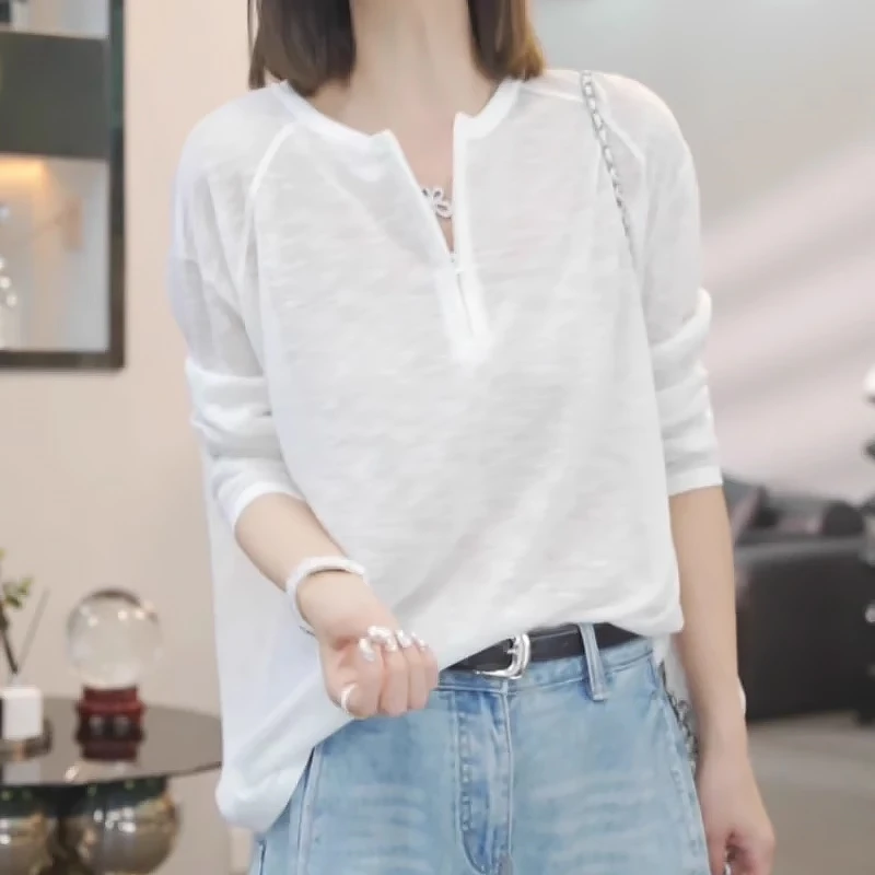 轻薄百搭慵懒风长袖T恤女2025夏季新款休闲薄防晒针织衫上衣洋气