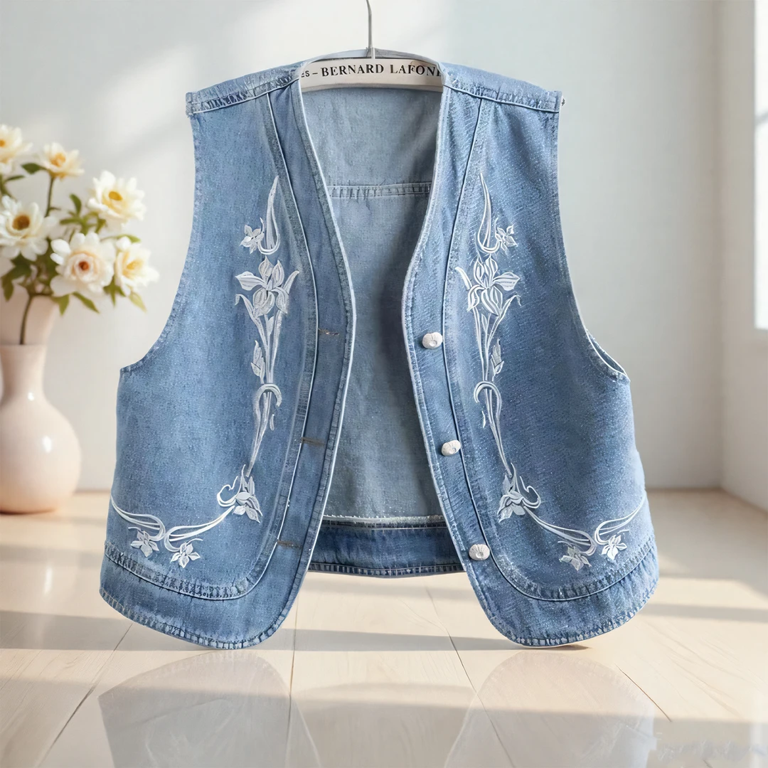 国风设计复古时尚刺绣小个子牛仔马甲女夏季显瘦百搭减龄v领开衫