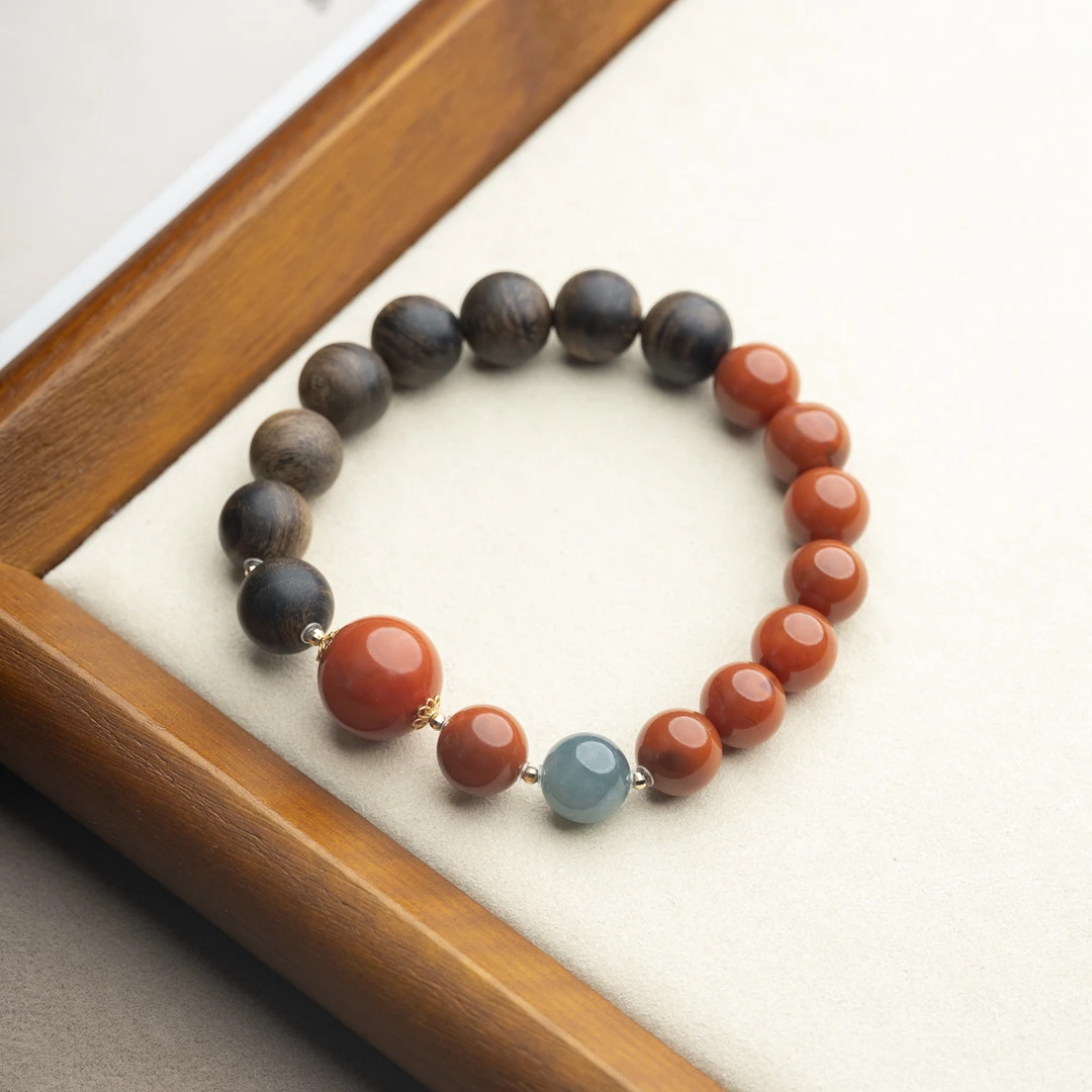 【18k】达拉干沉水沉香10mm+瓦西南红蓝水翡翠单圈手串国风天然珠宝