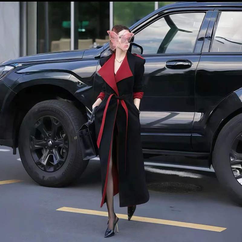 秋季设计感黑红撞色显瘦风衣轻职风宽松洋气两面穿系带女装风衣