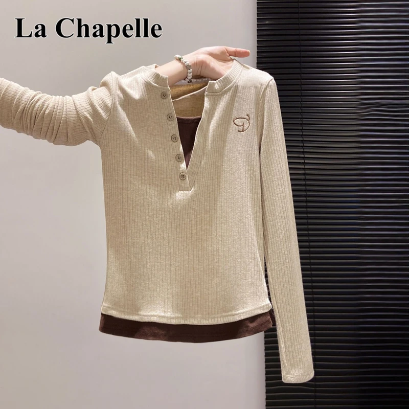 拉夏贝尔纯欲V领假两件上衣2025初秋新款设计感修身显瘦t恤女ins