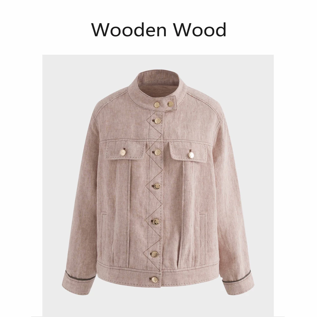 Wooden Wood“落日玫瑰”亚麻外套气质春夏新款立领上衣W25CS469