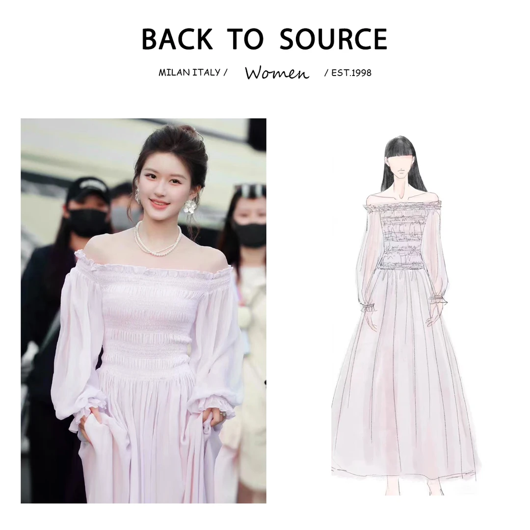 【花仙子】春夏新款赵露思同款法式一字肩长袖连衣裙高级感气质长裙