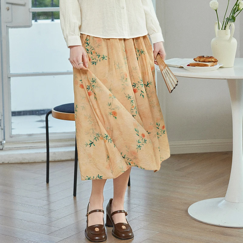 慕兔复古新中式碎花半身裙2024春新款中长款裙