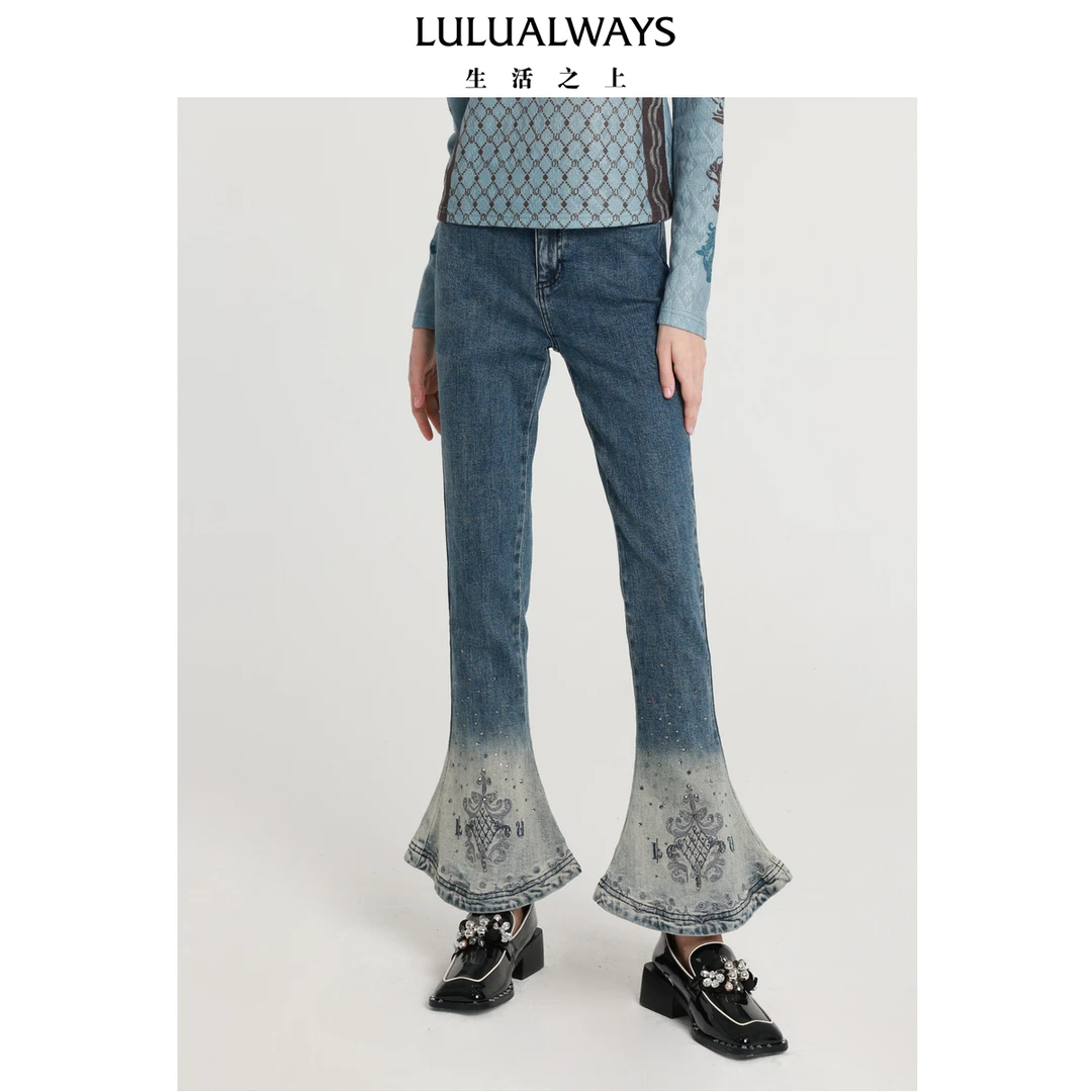 LULUALWAYS新款设计感蓝色喇叭牛仔长裤
