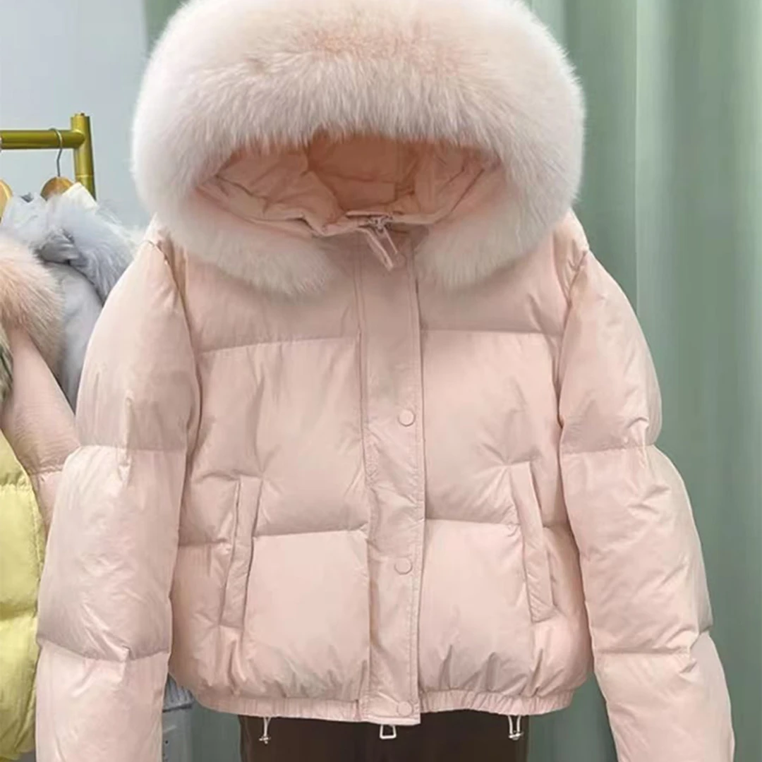 粉色甜美毛领连帽短款棉服女2025冬季新款加厚短款面包服棉衣棉袄