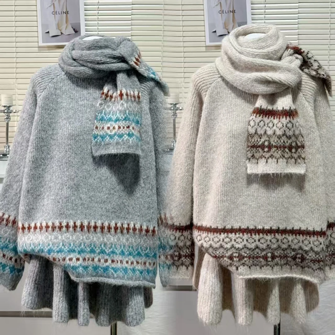 秋冬新款费尔岛宽松针织上衣+可调节带短裙+围脖孕妈三件套装