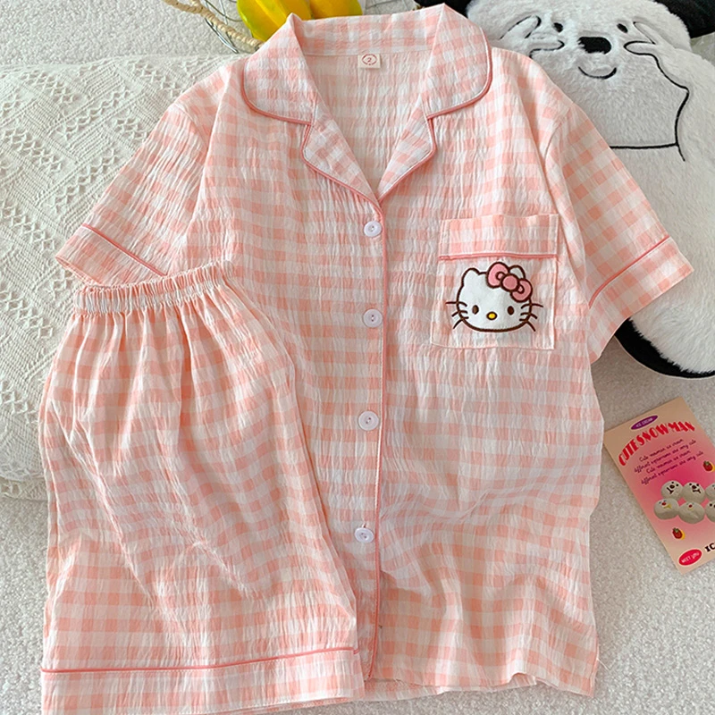 卡通凯蒂猫短袖家居服夏季云朵棉纱甜美少女粉色格子睡衣两件套装