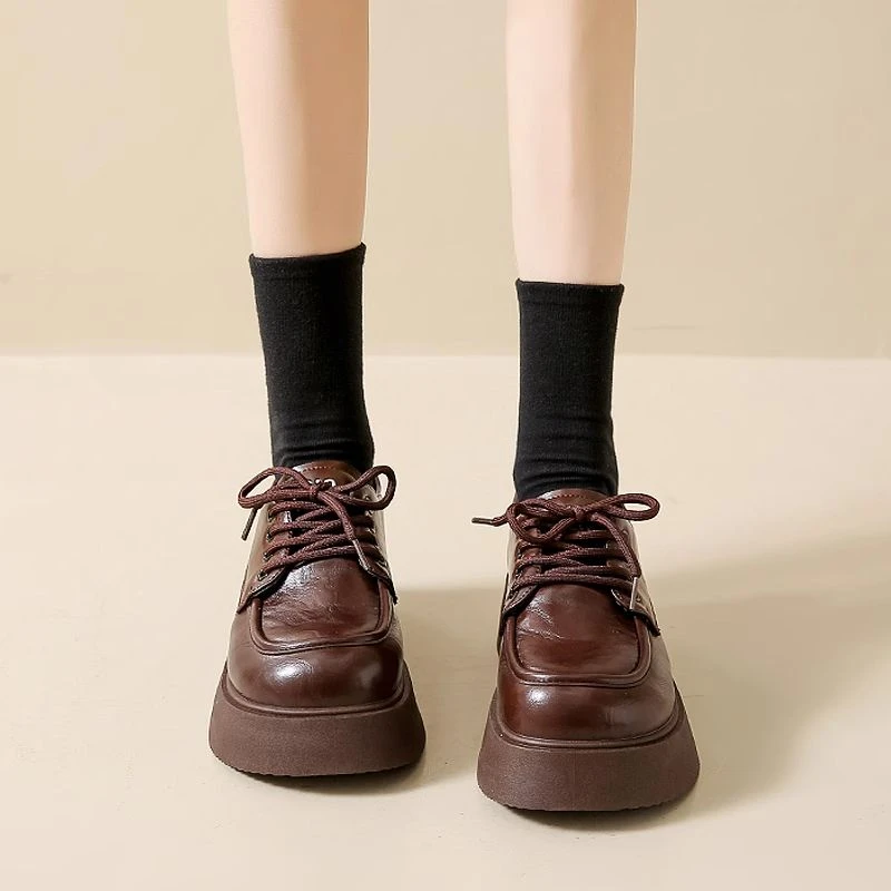 乐福鞋女2025新款春季厚底英伦风小皮鞋配裙子棕色复古小个子增高