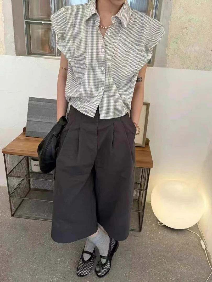 10086新宠儿夏季时尚飞袖韩系格子衬衣