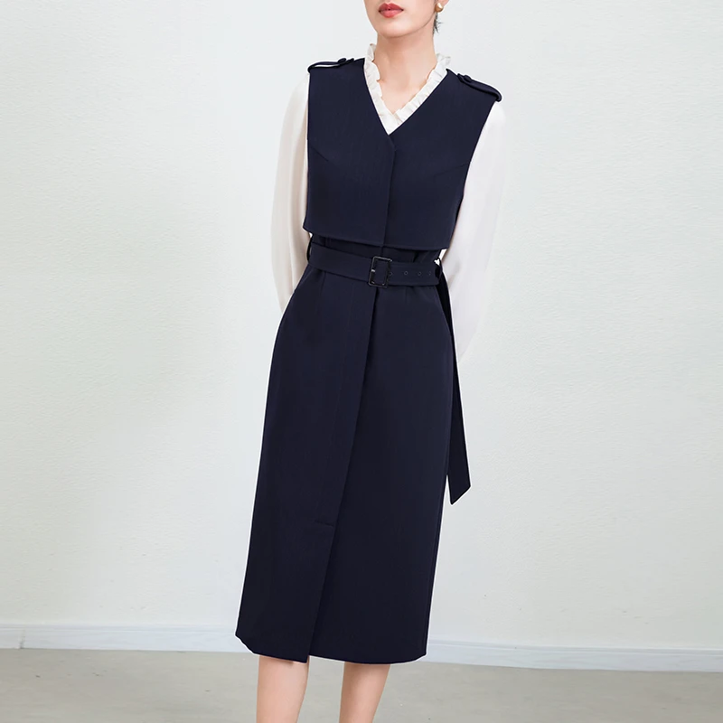 28606 v领藏青一步法式背心裙子收腰系带通勤气质职业连衣裙风衣