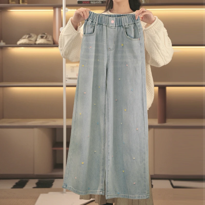 女童牛仔裤春秋款2025新款儿童春秋款直筒裤大童初中生休闲裤子