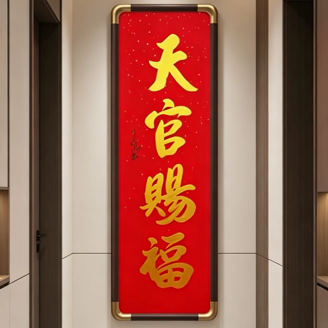 【天官赐福】90x30竖款书法作品天官赐福带框装裱客厅玄关装饰