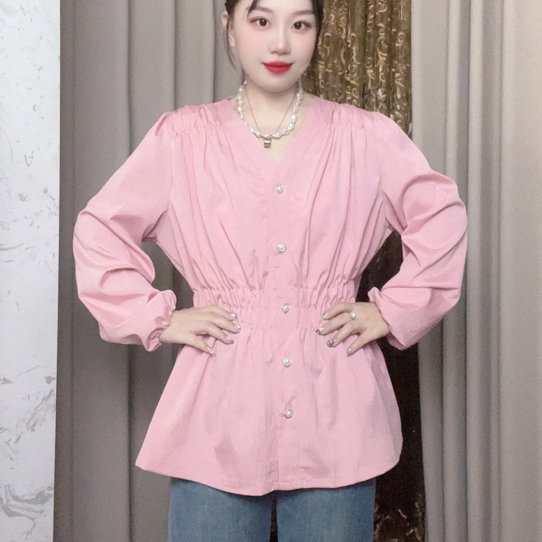 大码女装春季新款显瘦收腰松紧褶皱遮肚长袖时尚衬衫上衣