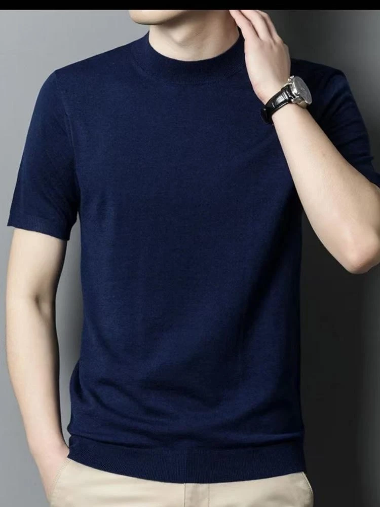 男士春秋季圆领领短袖针织衫高档纯羊毛精梭内搭打底衫