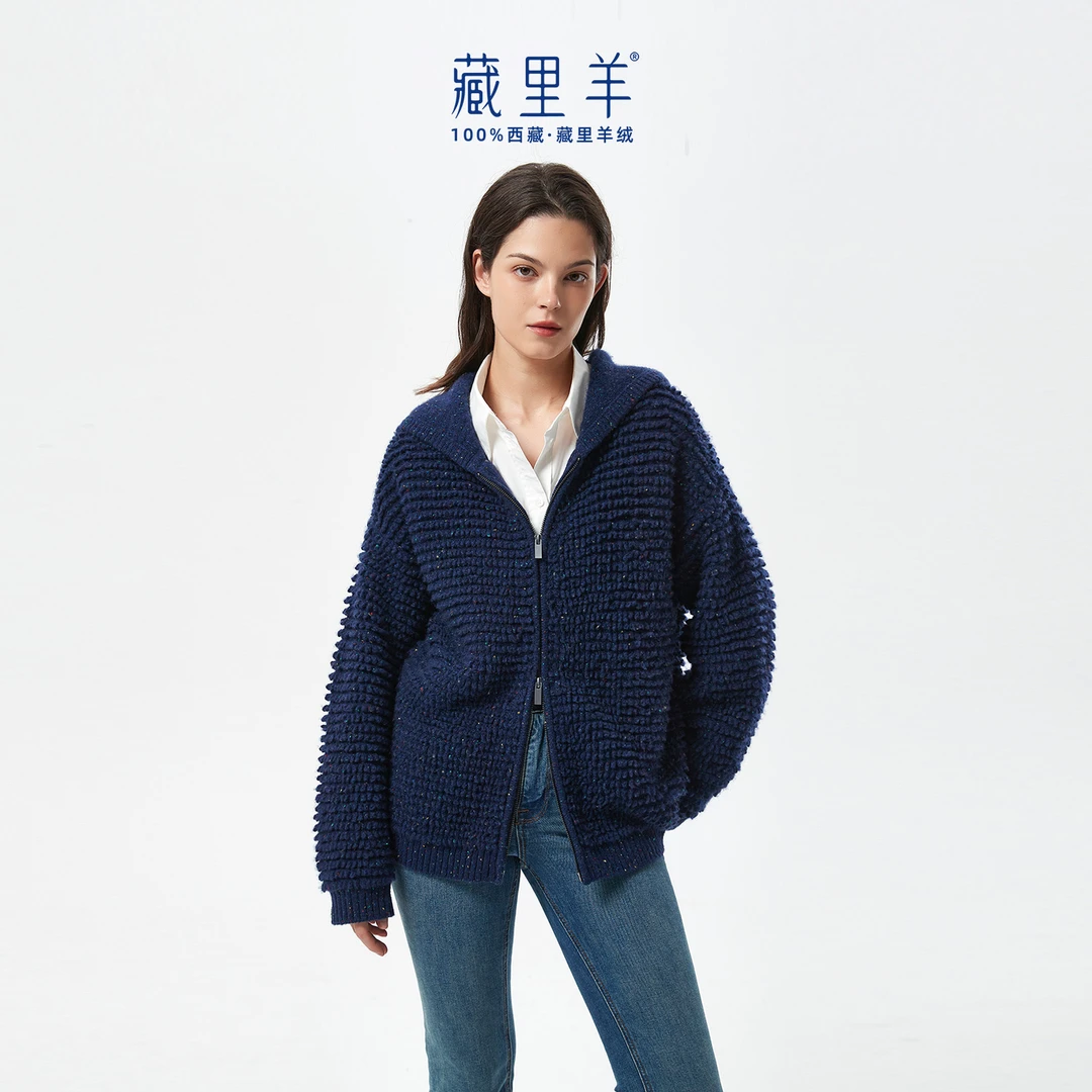 藏里羊【油画手工羊绒衫】复古羊绒拉链款休闲山羊绒毛衣外套M1351