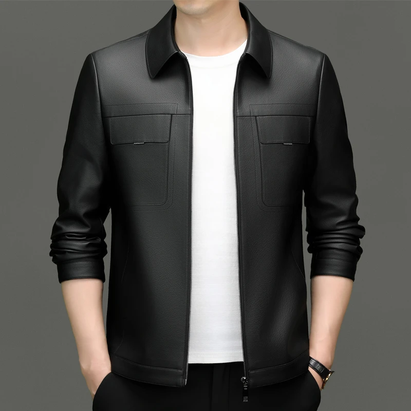 【海宁精选】男士春季新款轻奢休闲百搭工装风翻领时尚真皮夹克外套