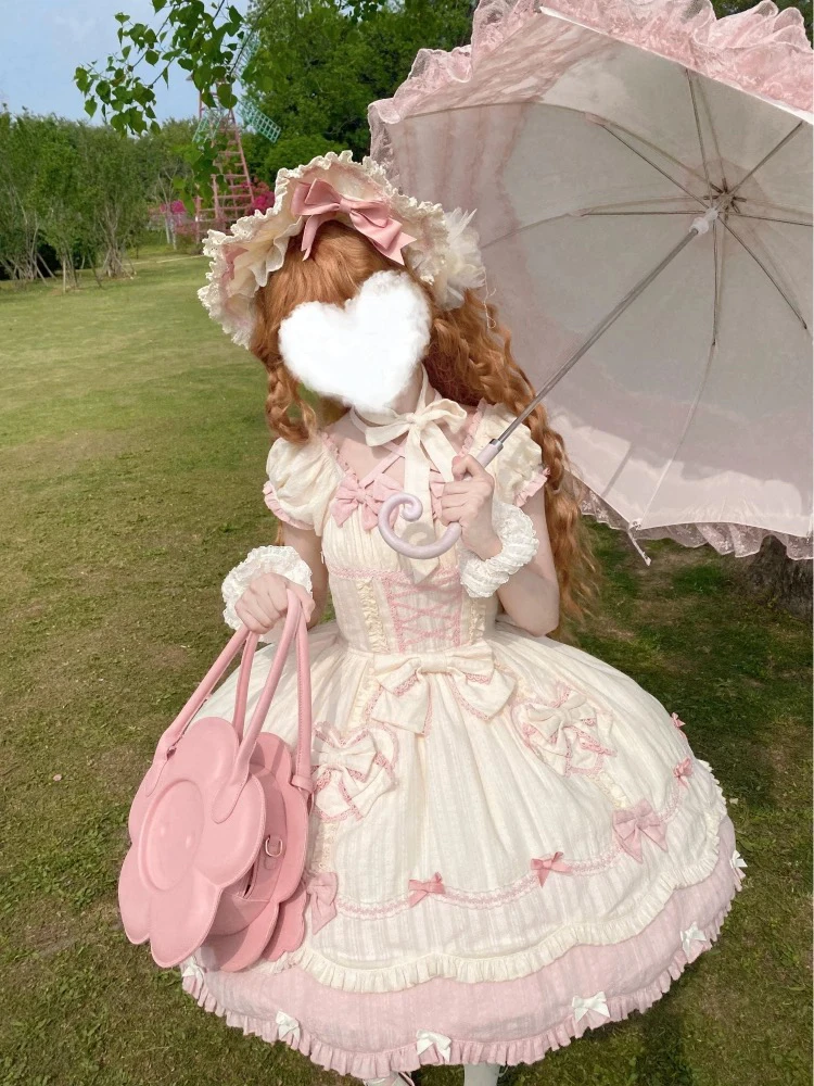 现货 樱姬lolita原创设计 春芝桃 古早提花棉短袖op日常甜美lo裙