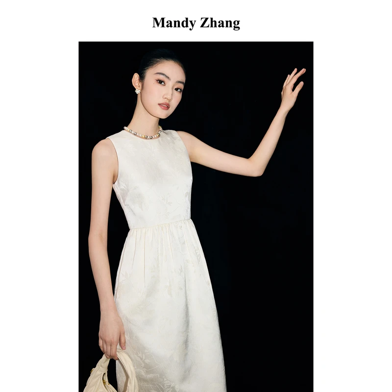 MandyZhang法式风白色无袖连衣裙女秋季优雅长裙子