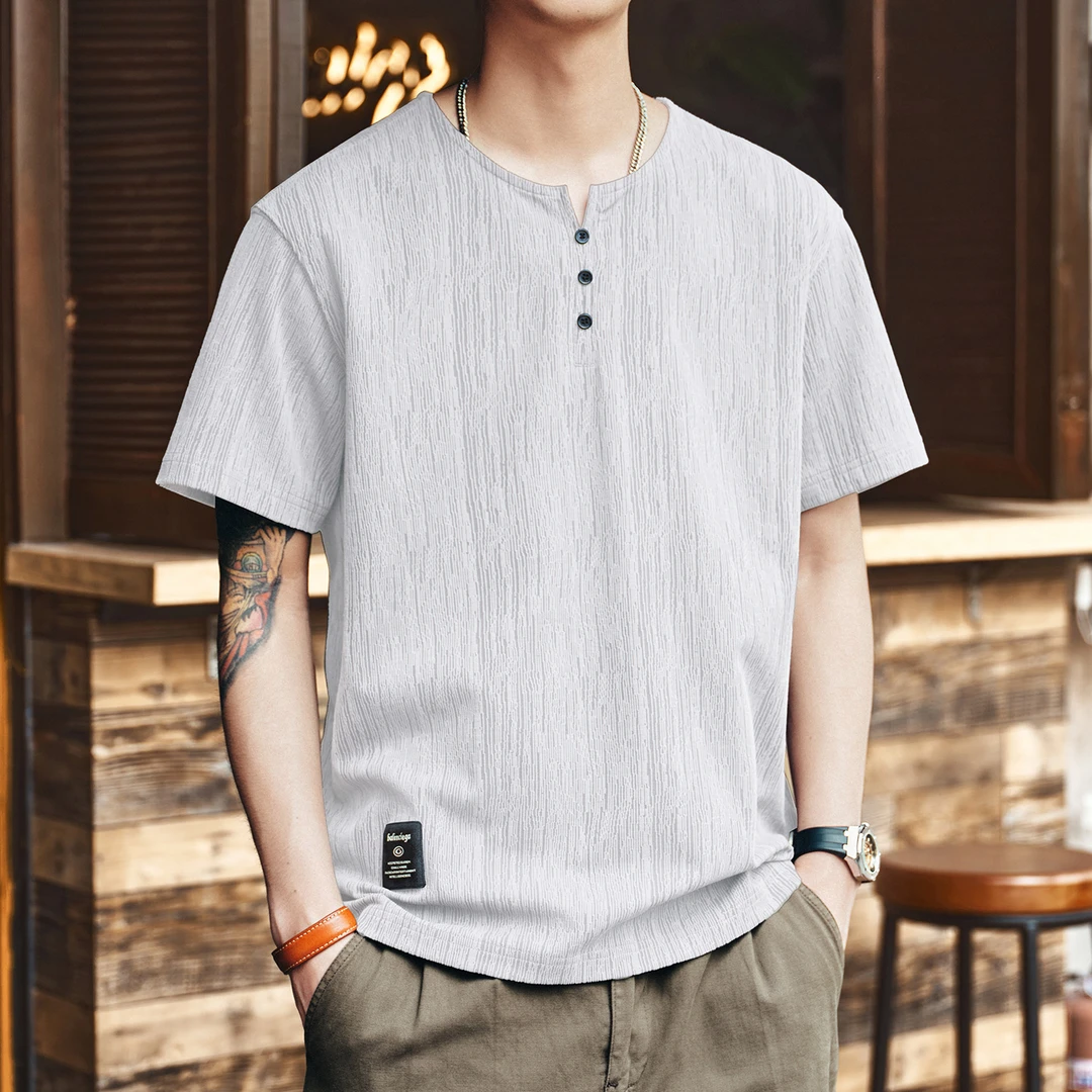 格蓝鹿高端美式硬汉树皮纹理感短袖T恤男2025夏季新款亨利领半袖