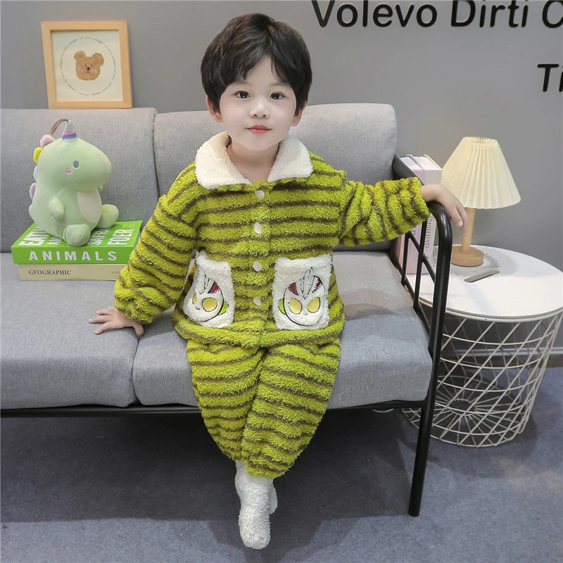 珊瑚绒睡衣小男孩家居服秋冬季儿童男宝宝开衫奥特曼睡衣男童冬天