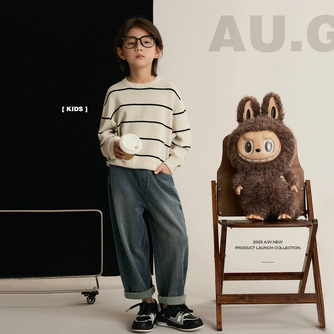 辰辰妈【高智线条】条纹V领/圆领毛衣亲子装儿童无骨针织衫8389D