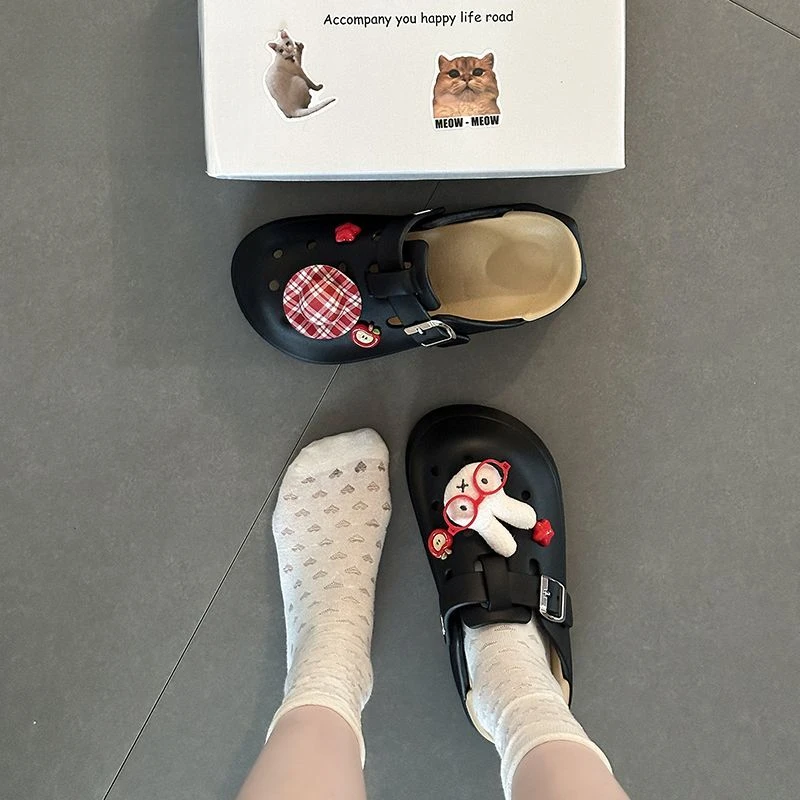 时尚百搭少女心卡通包头半拖鞋女2025新款夏季软萌米菲兔洞洞凉拖