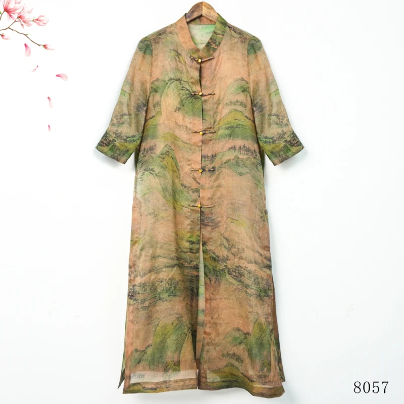 XY 春夏新款千里江山图莨纱浅绿色七分袖长款风衣8057-3