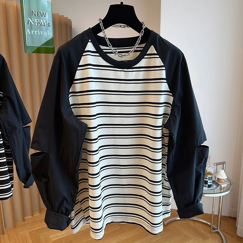 秋季新款女韩版设计感小众宽松复古插肩条纹长袖T恤减龄百搭上衣