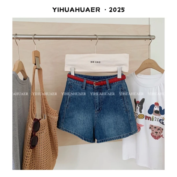 东大门韩国原单韩系夏款复古潮流阔腿撞色腰带时尚牛仔短裤3211