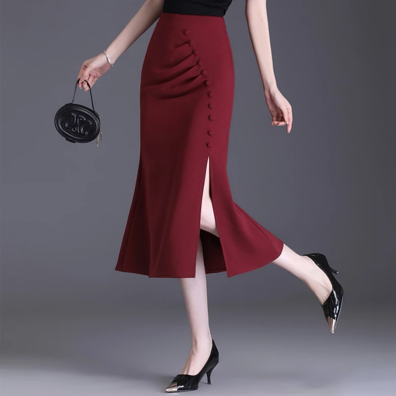 复古红色开叉鱼尾裙女春秋2025新款修身包臀半身裙中长气质一步裙