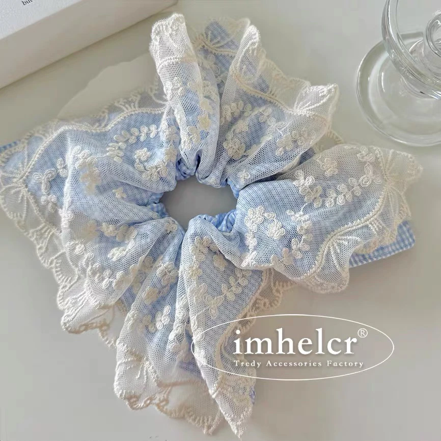 重工大蕾丝~甜美风蓝色棉麻格子拼接大蕾丝方巾发饰女