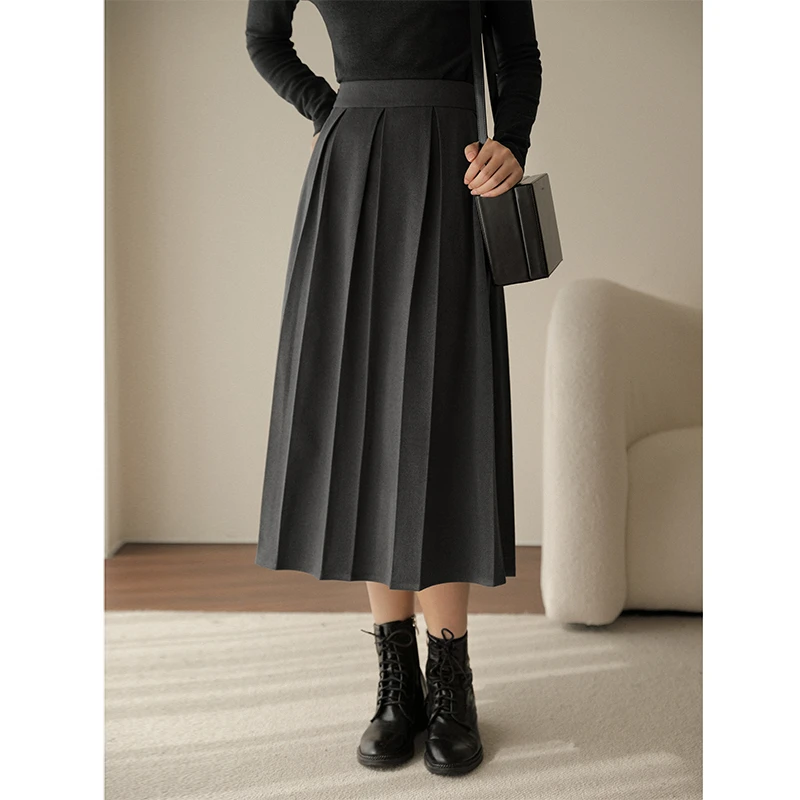 【罗马假日】百褶毛呢半身裙 秋冬新款高腰大摆裙子过膝长裙908