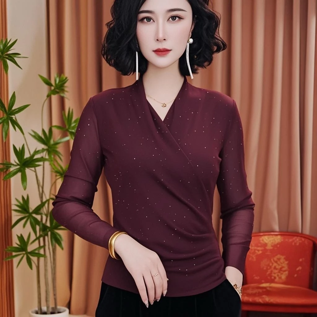 春季新款烫钻时尚洋气百搭气质长袖小衫网纱显瘦女士V领打底衫