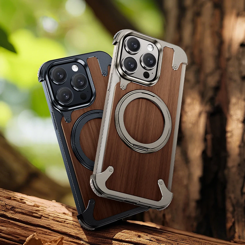 胡桃木适用苹果16ProMax手机壳金属无边框iPhone15pro苹果高级壳
