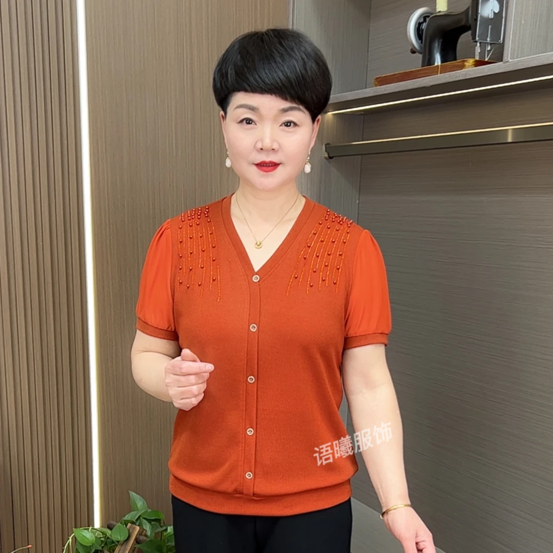 薄款短袖V领时尚常规中老年女装中年夏季百搭针织衫洋气女f633
