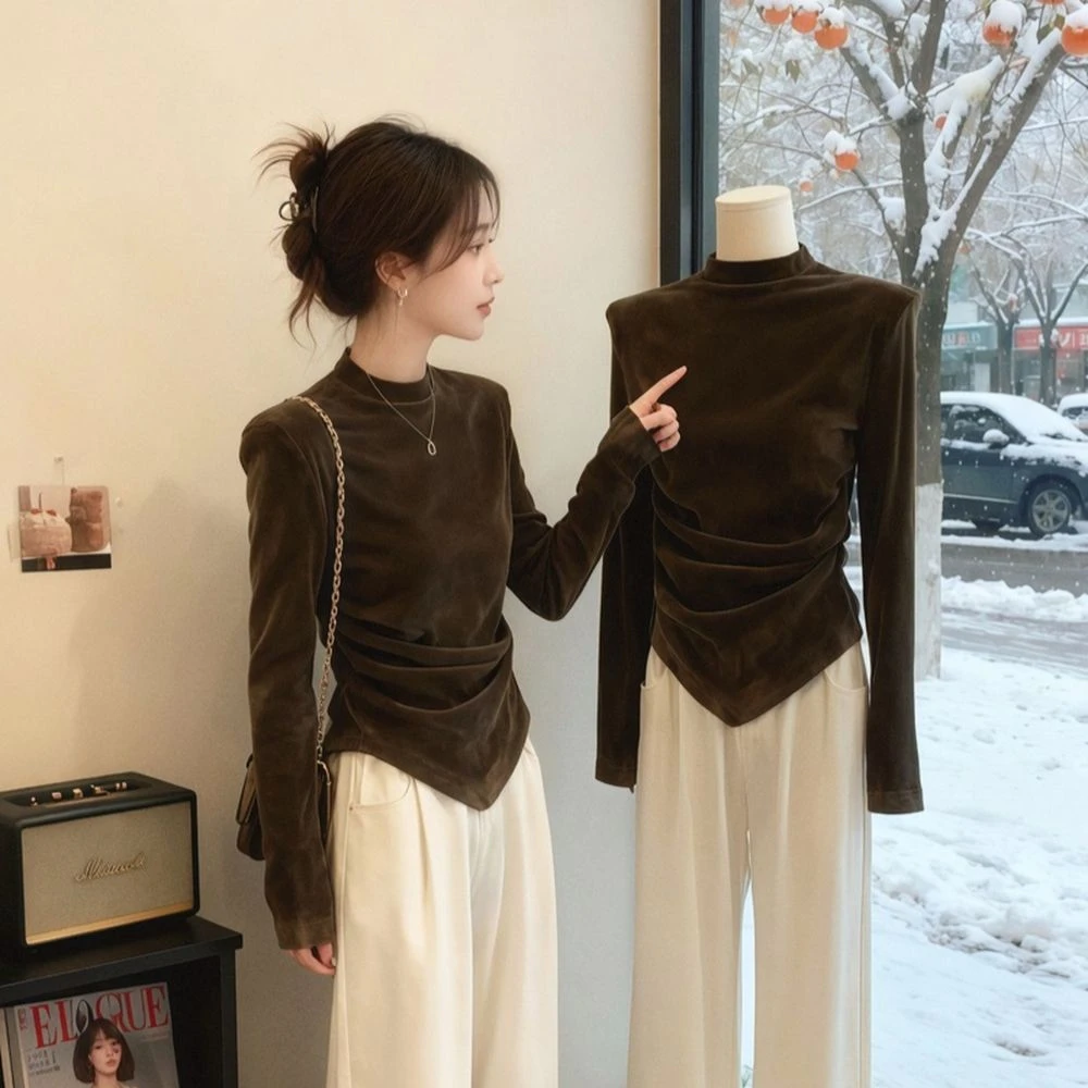 韩系chic洋气减龄高级感超好看上衣咖色打底长袖丝绒T恤女秋冬新