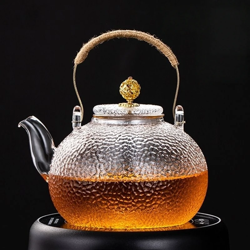 耐热玻璃透明煮茶壶手工铜珠提梁壶大容量锤纹家用烧水壶家用茶壶