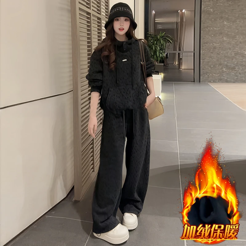 休闲豹纹设计感套装女2025冬季新款加棉加厚连帽卫衣阔腿裤两件套