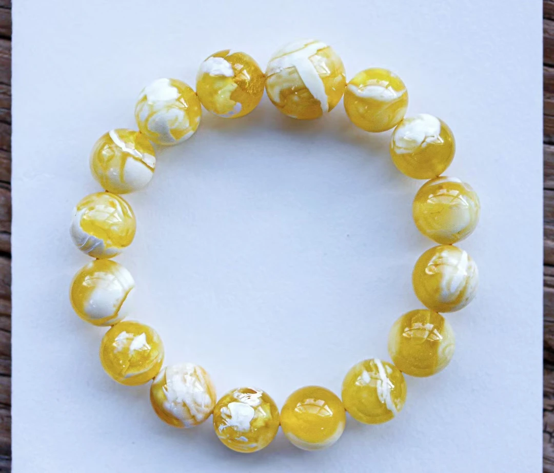 13.3mm俄料金瓷白妖花圆珠蜜蜡手串21.01克 纹路出众 金白交融