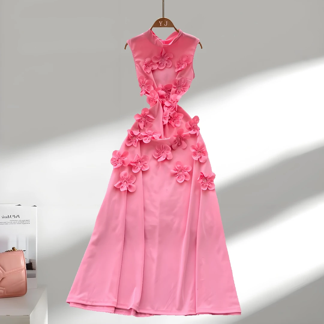 高端精致礼服女法式重工立体花朵无袖收腰连衣裙女轻奢名媛长裙子
