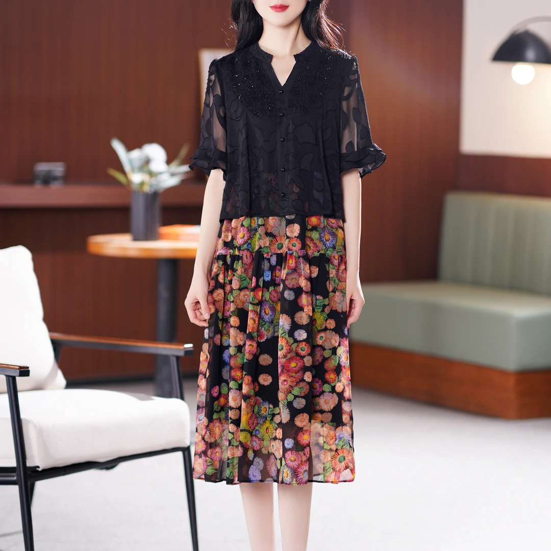 【春夏新款】夏季时尚v领印花荷叶袖洋气中长款连衣裙BS4058裙长113