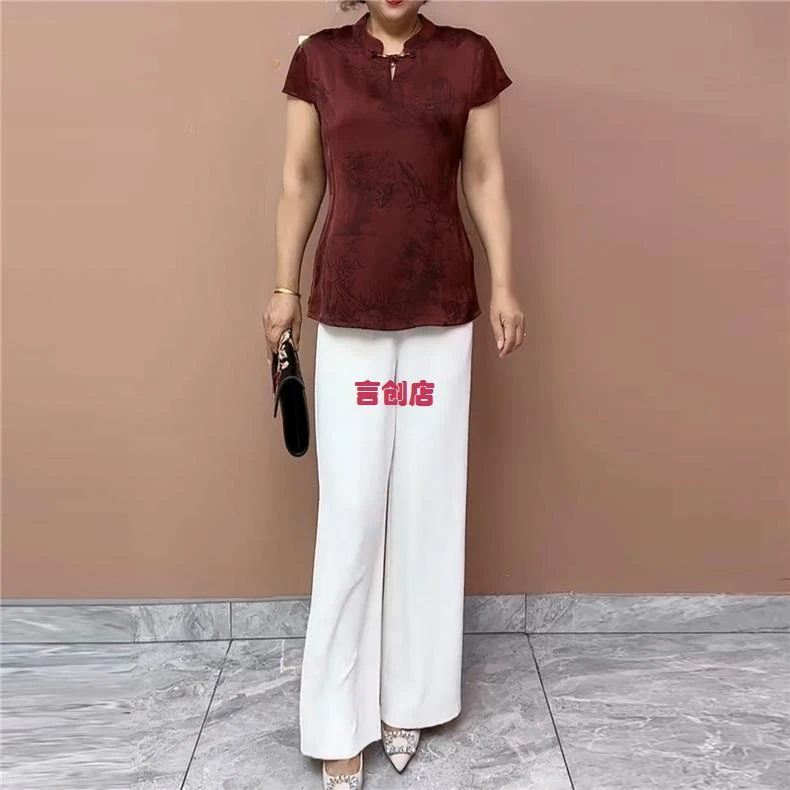 8831高品质国风妈妈上衣夏季新款复古立领短袖上衣阔腿裤两件套女