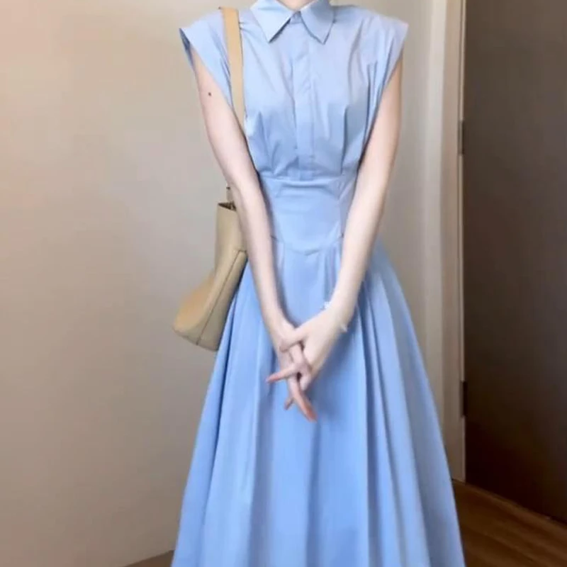 法式高级感翻领无袖连衣裙女2025夏季新款时尚温柔气质修身中长裙