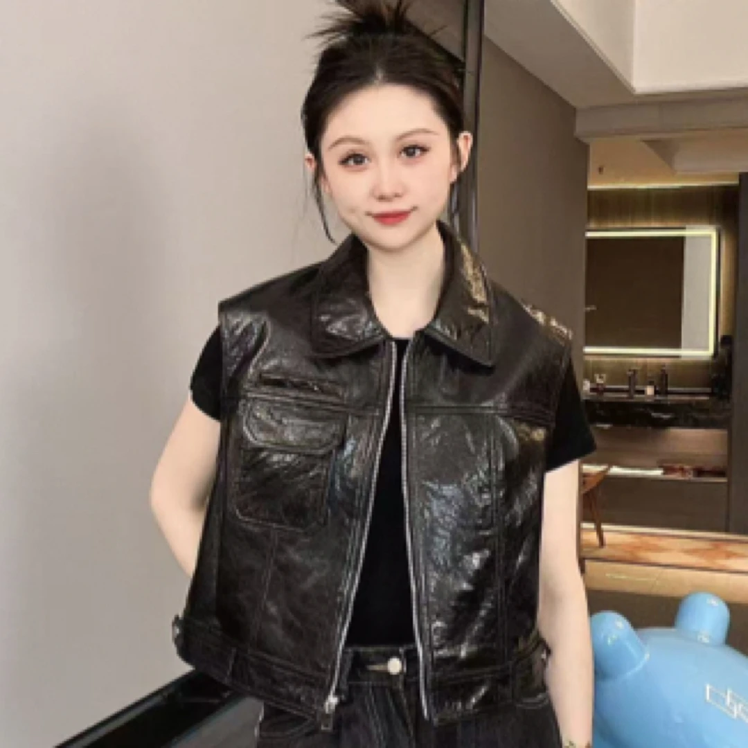 真皮马甲翻领短款坎肩外套绵羊皮水晶油蜡皮衣无袖机车马夹