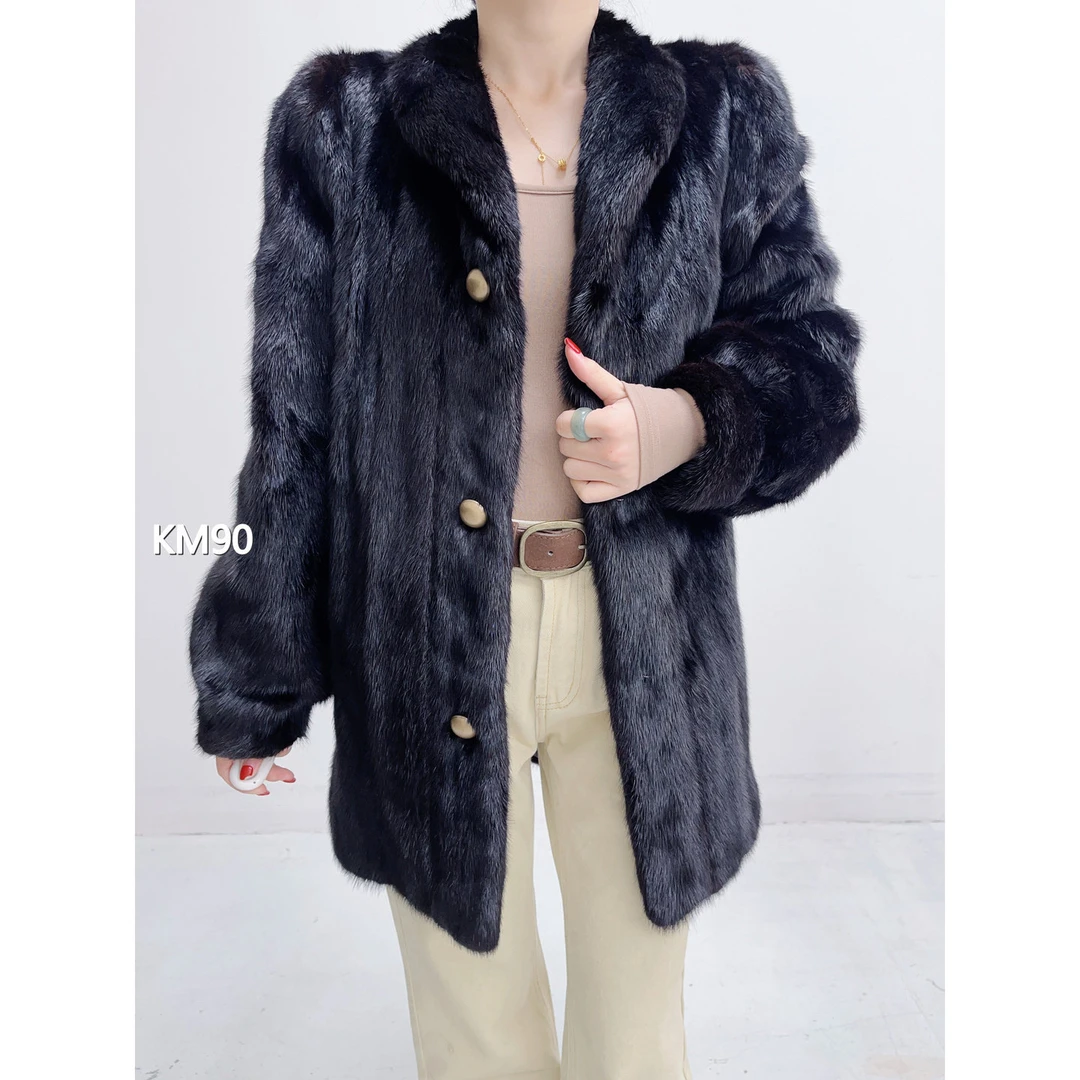【KM90】S 红黑色中长款全抽貂皮外套（肩38胸100衣78袖62）36090