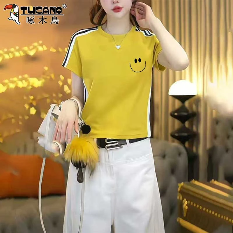 啄木鸟棉质短袖女t恤2025夏季新款小个子正肩显瘦时尚拼接ins上衣