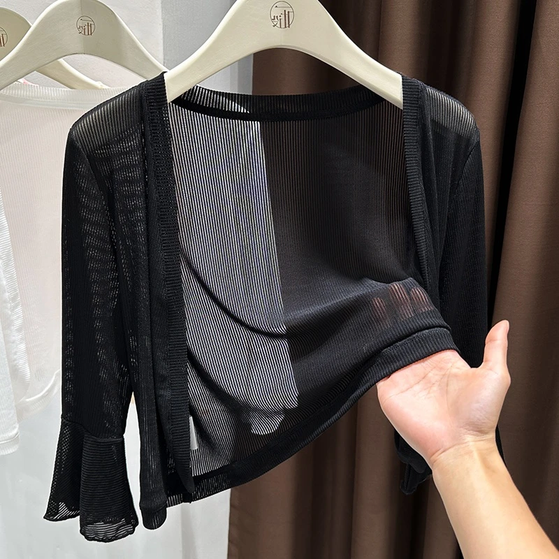 高档贵气蕾丝网纱喇叭袖短款透气轻盈小开衫2025新款黑色洋气外搭