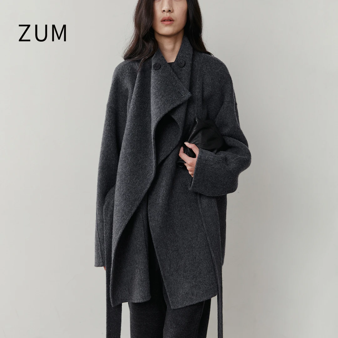 ZUM |7%羊绒 |混灰色翻领双面呢大衣25冬新款宽松短款毛呢外套